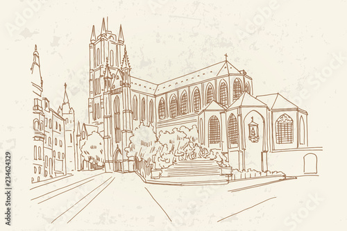 Vector sketch of  the Saint Bavo Cathedral  Sint-Baafs Cathedral  in Ghent  Belgium.