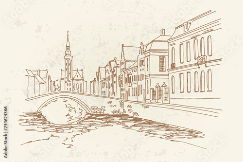 Buildings along a channel in Spiegelrei street, Bruges, Belgium.