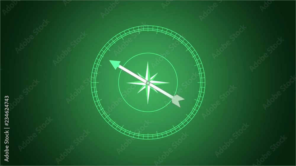 Compass arrow rotating on the green background, animation Compass arrow rotating on the green background, animation