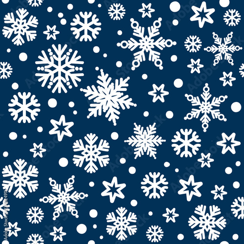Christmas seamless pattern with white snowflakes falling on dark blue night sky bakground. Vector.