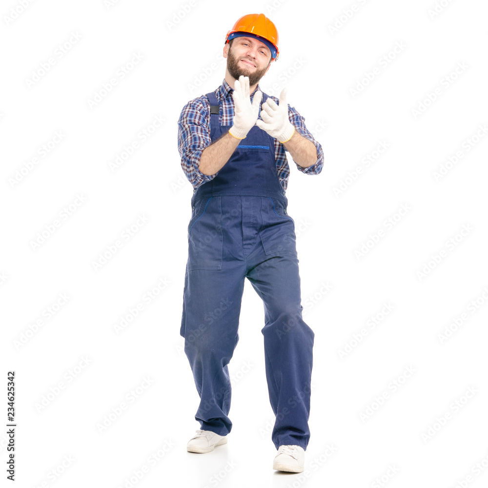 Young man builder industry worker hardhat claps in palm on white background isolation Young man builder industry worker hardhat claps in palm on white background isolation
