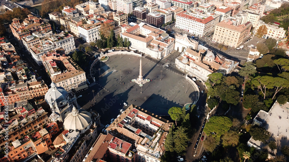 Fototapeta premium Aerial drone view of iconic Piazza del Popolo (People's Square) named after the church of Santa Maria del Popolo in the heart of Rome, Italy