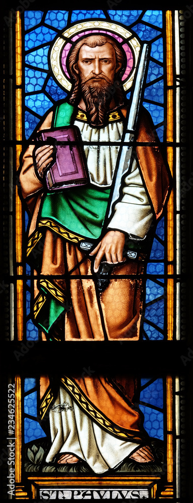 Saint Paul the Apostle stained glass window in parish church of Saint Mark in Zagreb, Croatia