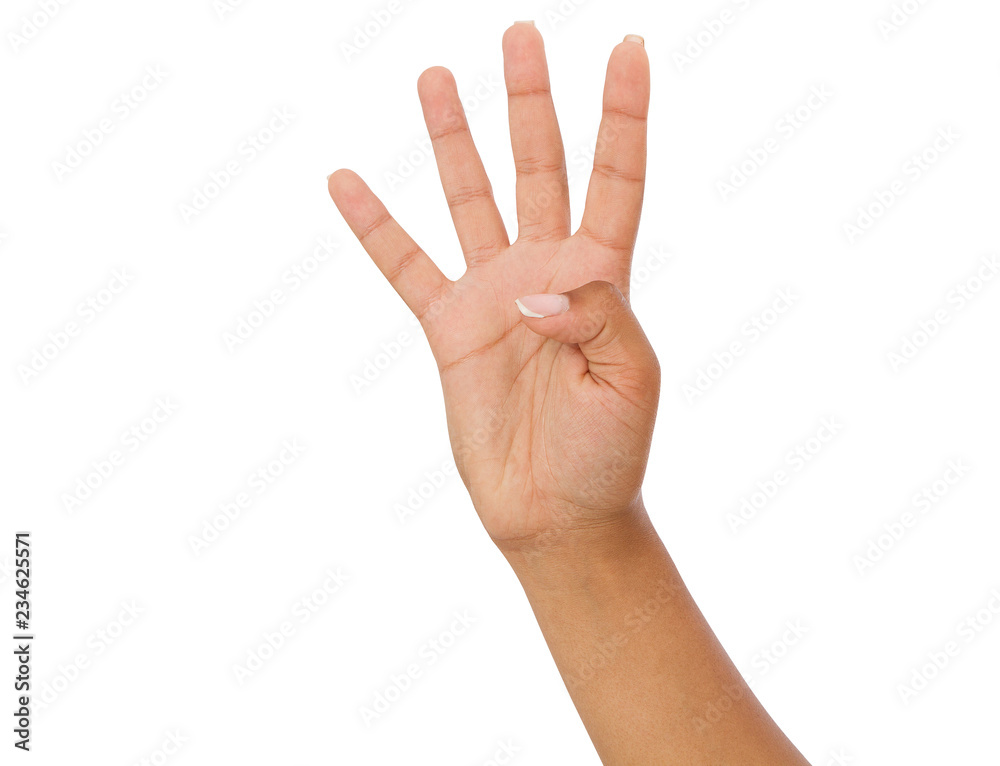 afro american woman's hand shows four fingers,black arm gesture isolated on white background afro american woman's hand shows four fingers,black arm gesture isolated on white background