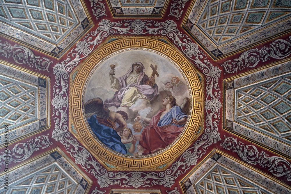Fresco painting on the ceiling of the Cupola of the Cappella del Santissimo Sacramento in Mantua Cathedral dedicated to Saint Peter, Mantua, Italy 