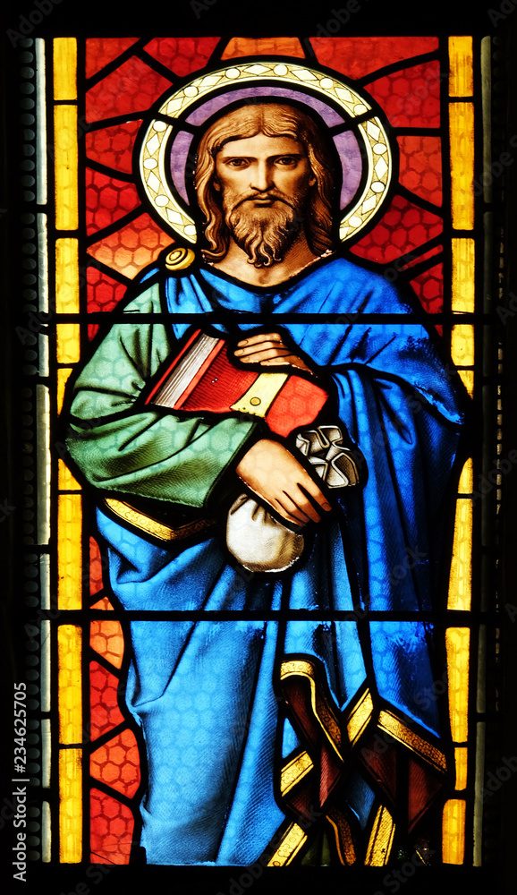 Saint Matthew the Evangelist, stained glass window in parish church of Saint Mark in Zagreb, Croatia 