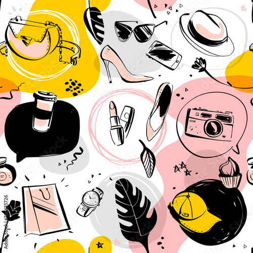 Vector seamless pattern for fashion and shopping theme with women accessory, doodle elements isolated - shoe, hat, lipstick, sunglasses, text box, monstera. Perfect for packaging design, ad, tag.