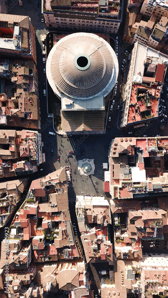 Aerial drone view of iconic Pantheon basilica built as a temple to all the gods of ancient Rome, and rebuilt by the emperor Hadrian about 126 AD, Rome, Italy