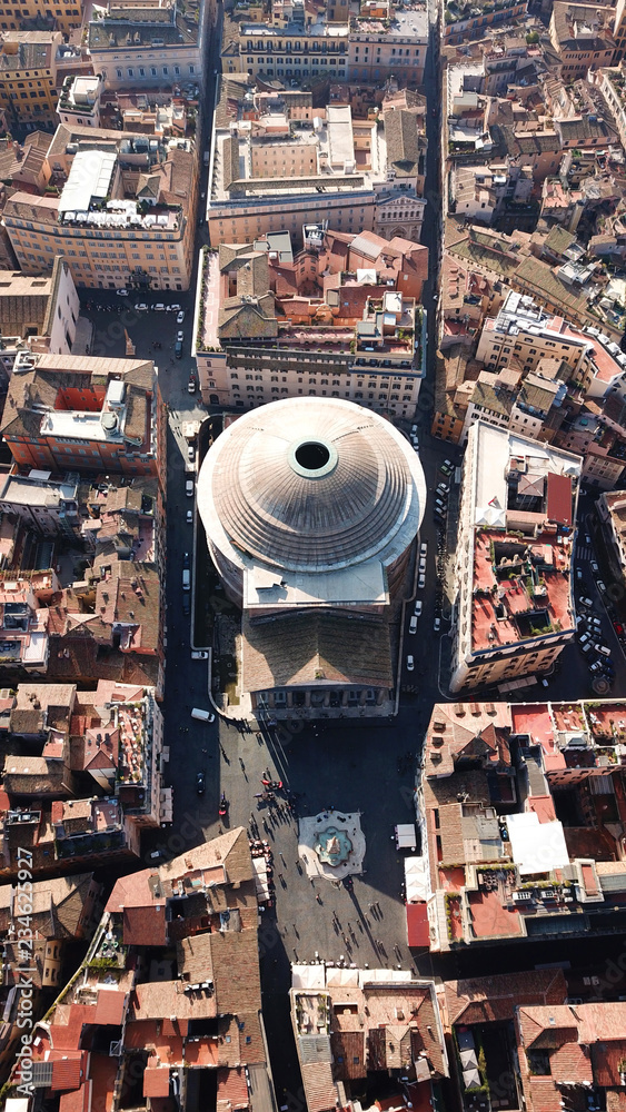 Aerial drone view of iconic Pantheon basilica built as a temple to all the  gods of ancient Rome, and rebuilt by the emperor Hadrian about 126 AD,  Rome, Italy Stock Photo