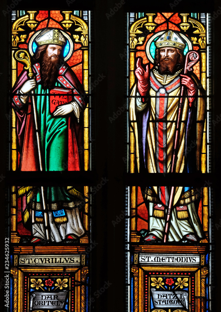 Saints Cyril and Methodius, stained glass window in parish church of Saint Mark in Zagreb, Croatia 