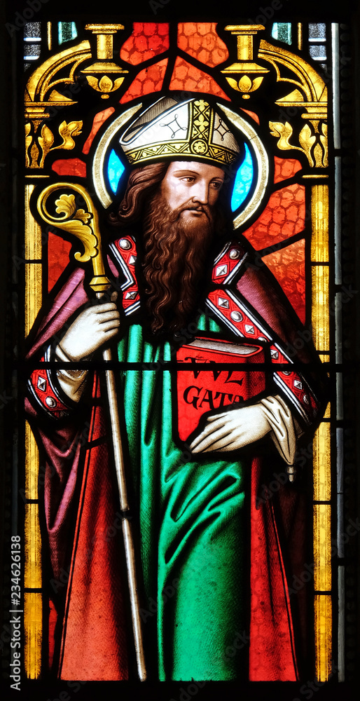 Fototapeta premium Saint Cyril, stained glass window in parish church of Saint Mark in Zagreb, Croatia