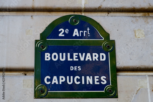 Fotografie, Tablou Boulevard des Capucines. plaque de nom de rue, Pariss