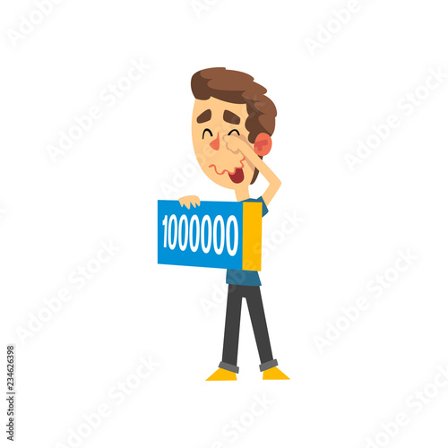 Man holding check for one million dollars, guy winning the lottery vector Illustration on a white background