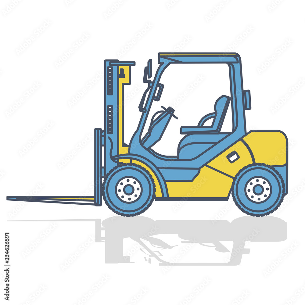 Outlined fork lift loader works in storage on white. Blue yellow construction machinery and ground works. flatten illustration master vector icon equipment element Truck Crane Excavator