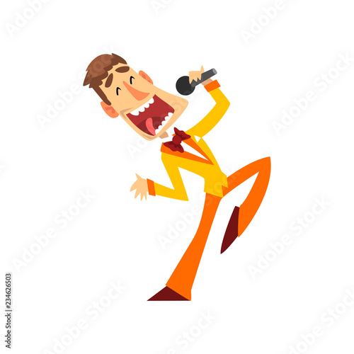 Game show host, joyful man with microphone vector Illustration on a white background