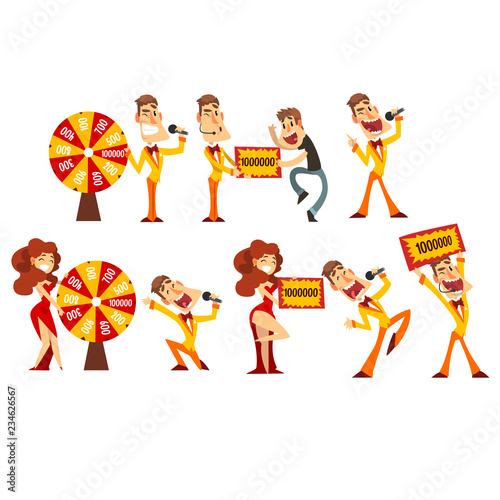 People taking part and winning in lottery, quiz show vector Illustration on a white background