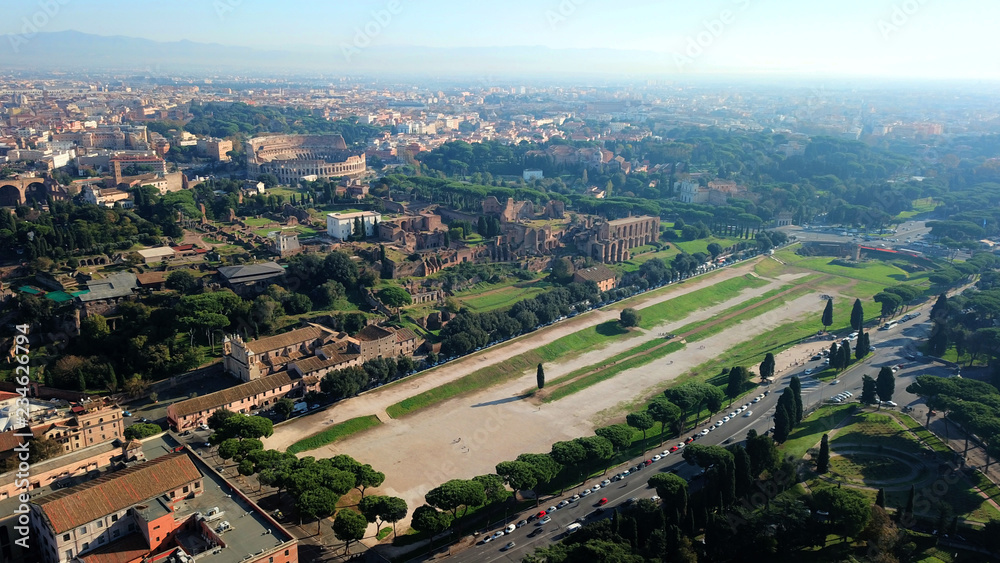 Aerial drone photo of iconic Circus Maximus site of an ancient Roman chariot racing stadium and mass entertainment venue next to famous Colosseum, Rome, Italy