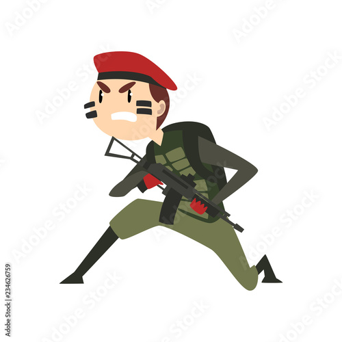 Military man with gun, warlike soldier character in camouflage uniform and red beret cartoon vector Illustration on a white background