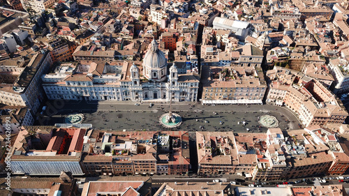 Photography Aerial drone view of iconic landmark Piazza Navona Square featuring Fountain of
