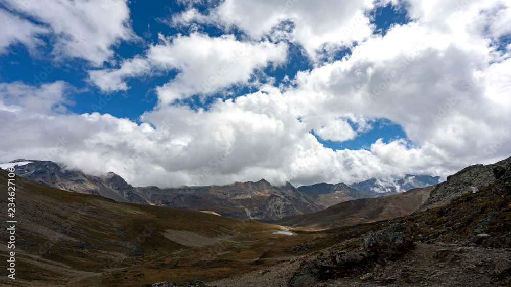 View from a high altitude pass along Jomolhari trek, Bhutan.