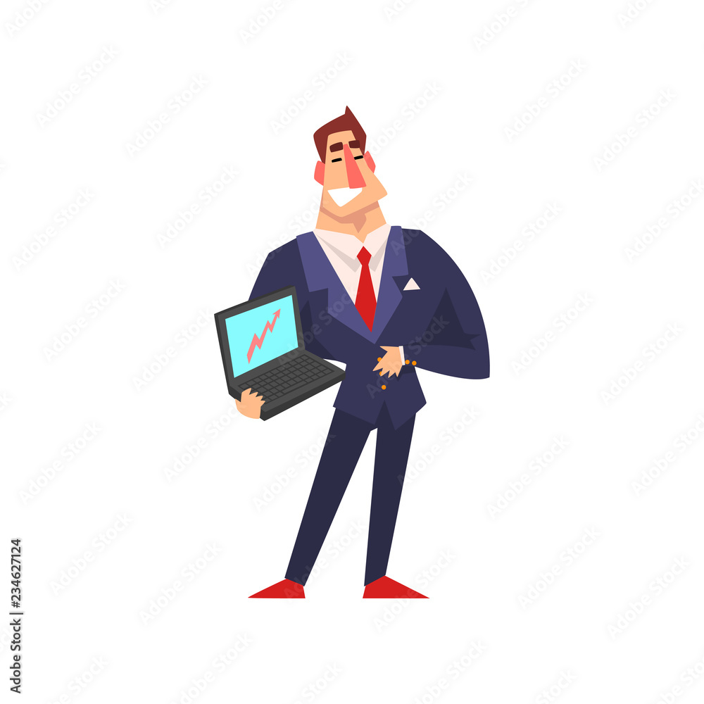 Self confident businessman showing growing graph on a laptop, successful  business character cartoon vector Illustration on a white background Stock  Vector | Adobe Stock