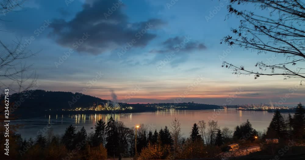 A time lapse of the Burrard Inlet, downtown Vancouver, and the Parkland refinery at sunset. A time lapse of the Burrard Inlet, downtown Vancouver, and the Parkland refinery at sunset.