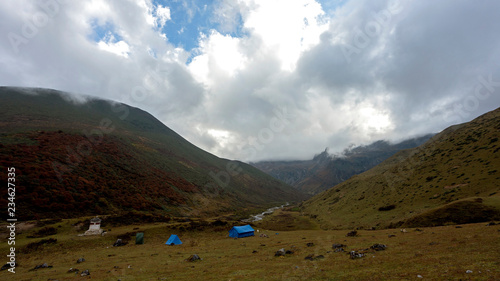 High altitude camp along Jomolhari trek in Bhutan. photo