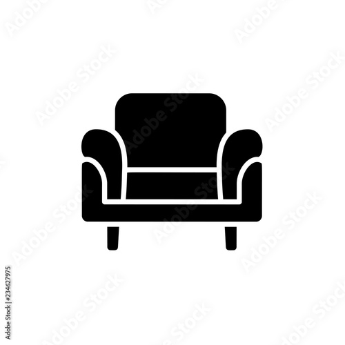 Black & white vector illustration of comfortable armchair. Flat icon of arm chair seat. Upholstery furniture. Isolated object