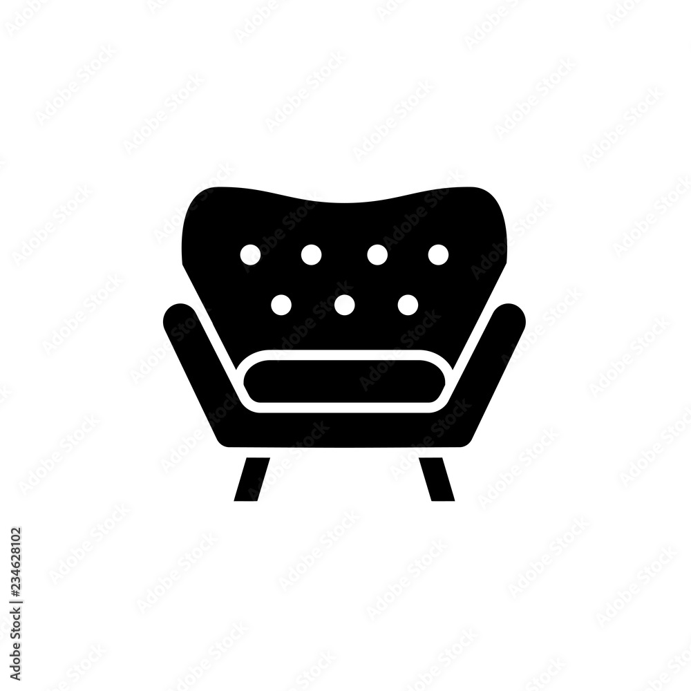 Fototapeta premium Black & white vector illustration of comfortable armchair with high back. Flat icon of arm chair seat. Upholstery furniture for living room & bedroom. Isolated object
