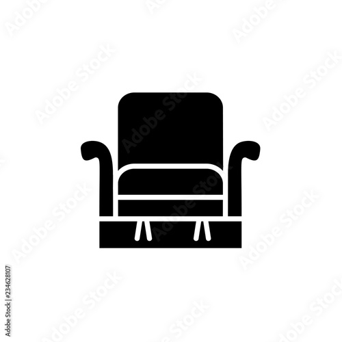Black & white vector illustration of comfortable recliner with high back. Flat icon of arm chair seat. Upholstery furniture for living room & bedroom. Isolated object