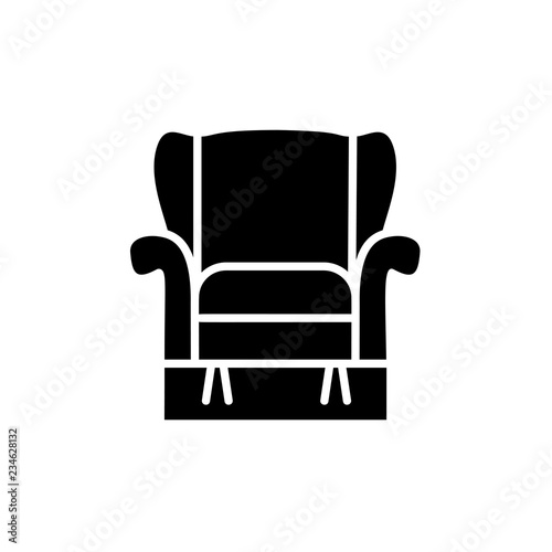 Black & white vector illustration of comfortable recliner armchair with high back. Flat icon of arm chair seat. Upholstery furniture for living room & bedroom. Isolated object
