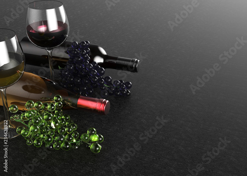 Bottles and glasses of red and white wine, grape on black background. 3d illustration.
