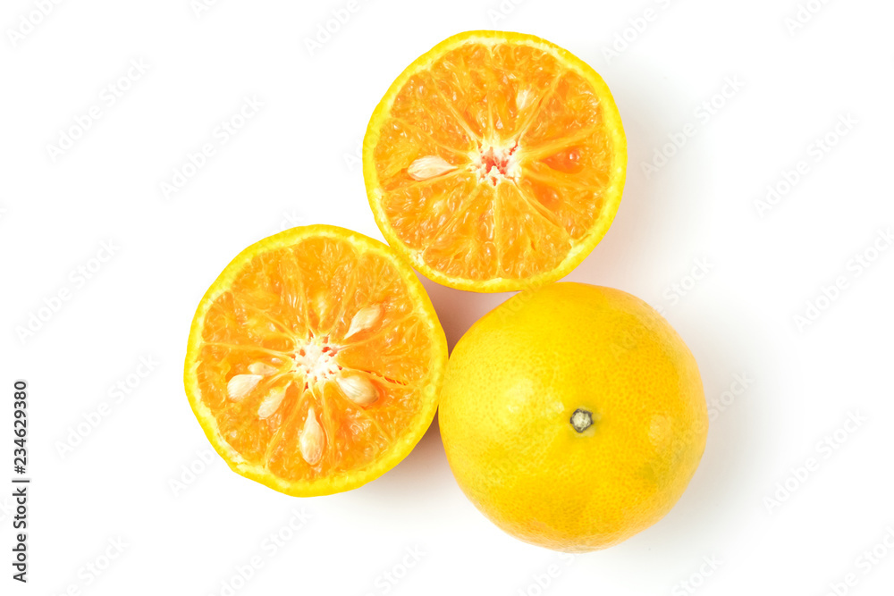 fresh oranges full and half cut rich in vitamin C isolated top view on white background and clipping path
