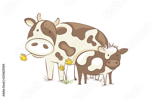 Cow with calf / Funny vector illustration, farm animals in the meadow