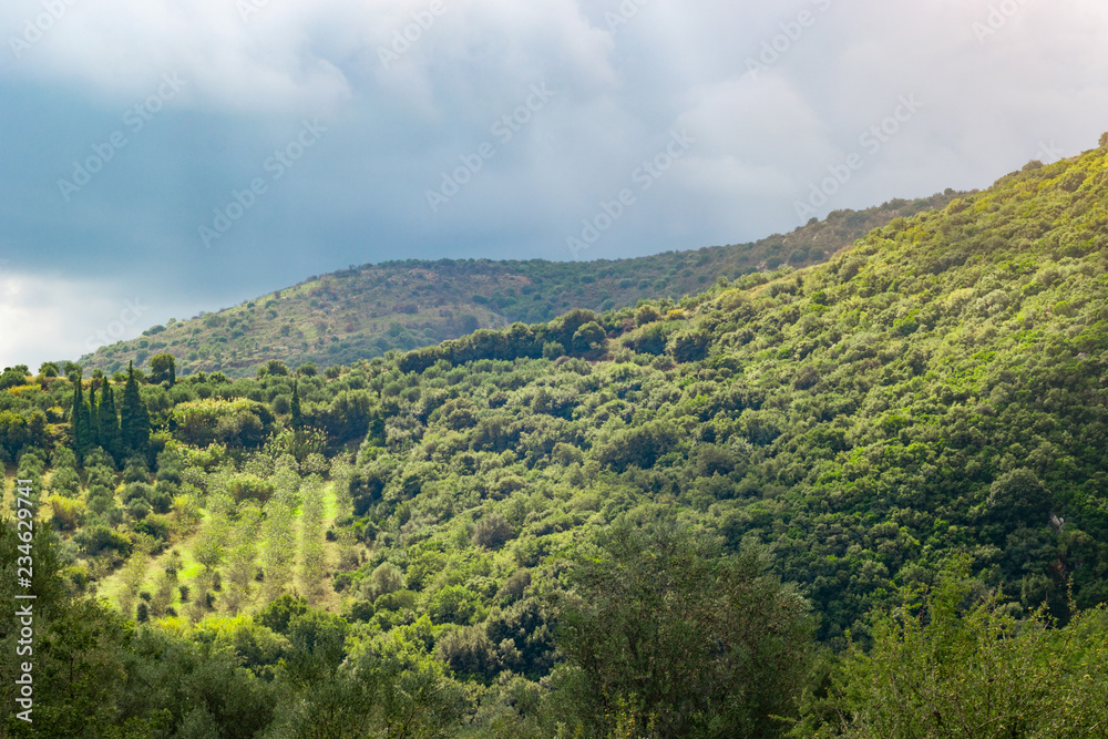 Obraz premium Green peaks of small mountains against an overcast sky