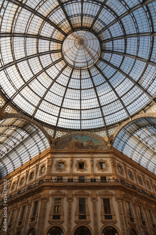 ITALY, MILAN - November 2018: glass couple ceiling Interior view of Vittorio Emanuele II.