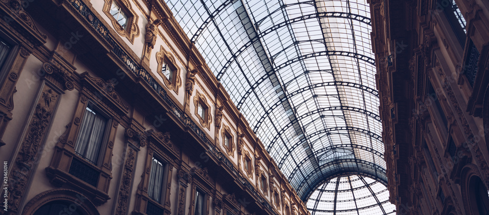 ITALY, MILAN - November 2018: glass ceiling Interior view of Vittorio Emanuele II.