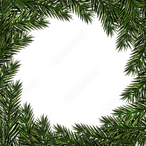 New Year. Christmas. Postcard with a pattern of Christmas trees. Place for advertising, announcements. Green branches of fir trees in a circle. illustration