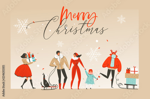 Hand drawn vector abstract fun Merry Christmas time cartoon illustration greeting card with happy xmas market people and red ribbon with Christmas typography isolated on craft background