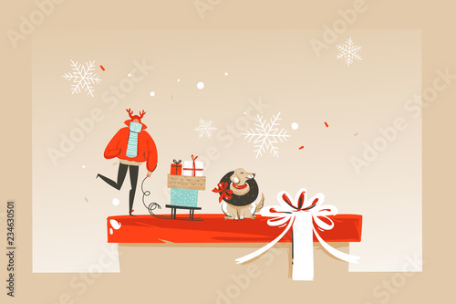 Hand drawn vector abstract fun Merry Christmas time cartoon illustration greeting card with happy xmas market people,dog and copy space place for your text isolated on craft background
