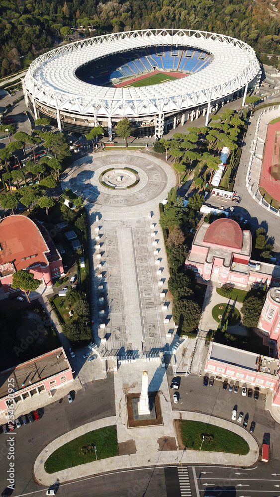 Aerial drone photo of sports complex of Foro Italico featuring famous Obelisk of Mussolini, Rome, Italy