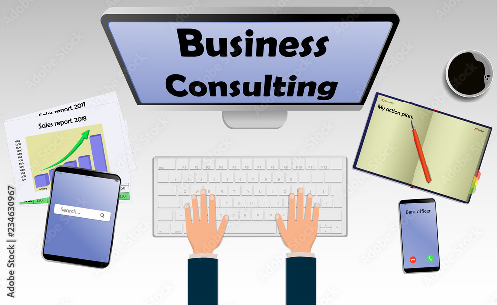 Top view on laptop computer with text Business consulting with mobile phone and tablet on office desk. With Business notebook (diary) with text action plan. Modern business workplace Top view on laptop computer with text Business consulting with mobile phone and tablet on office desk. With Business notebook (diary) with text action plan. Modern business workplace