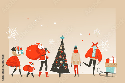 Hand drawn vector abstract fun Merry Christmas time cartoon illustrations greeting card or landing page with happy xmas market people and copy space place for your text isolated on craft background