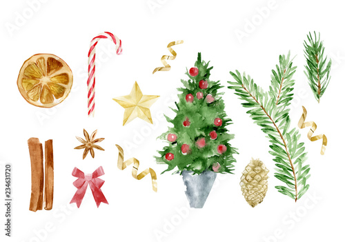 Watercolor illustration of Christmas vector objects set. Composition Happy New Year. Pine twig, branch, ribbon, star, candy, bow, lay top view. Illustration of tree decoration, xmas background photo
