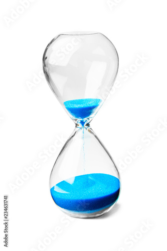 Glass hourglass with blue sand isolated on white background