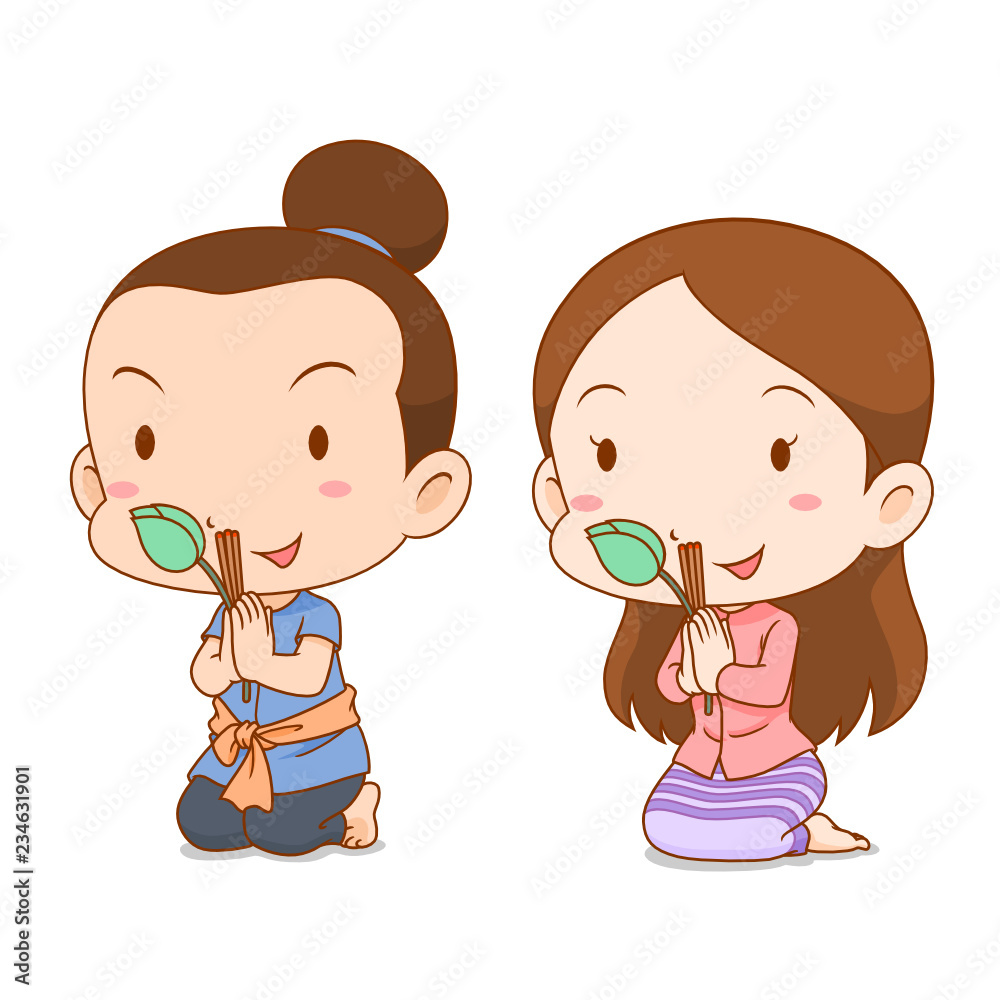 Cute couple cartoon in Thai costume praying with incense sticks and lotus. Cute couple cartoon in Thai costume praying with incense sticks and lotus.