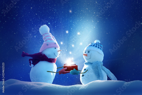 Merry christmas and happy new year greeting card .Two cheerful snowman standing in winter christmas landscape. photo