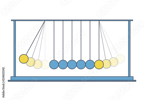 Vector Newton swing. Blue yellow outlined pendulum cradle metal bolls. Flatten master illustration