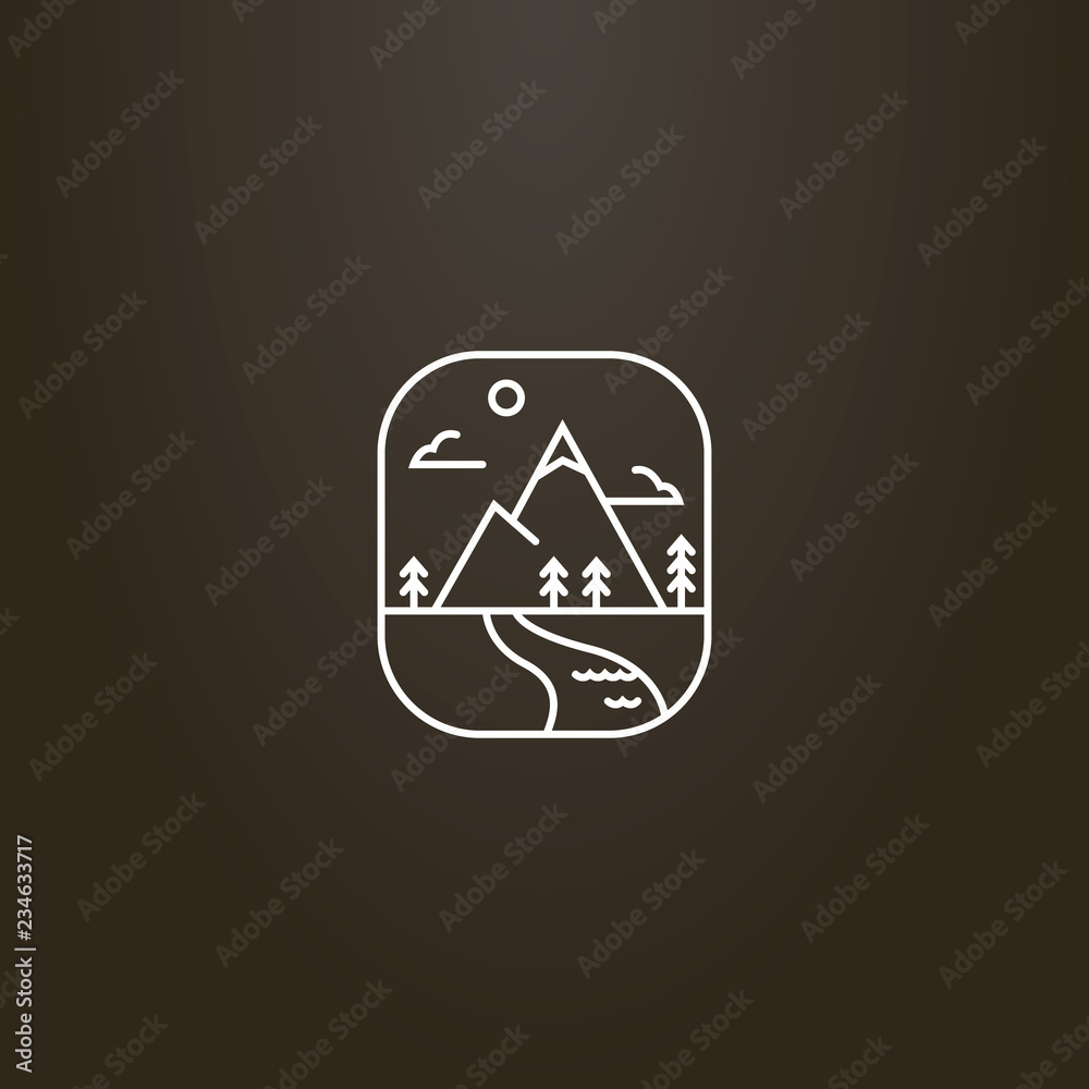 white sign on a black background. vector line art isolated sign of mountain landscape with clouds, spruce and sun white sign on a black background. vector line art isolated sign of mountain landscape with clouds, spruce and sun