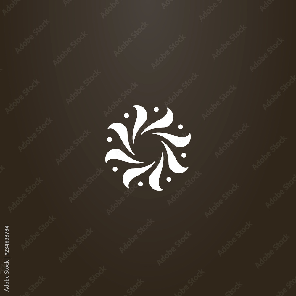 white sign on a black background. vector outline sign of abstract spiral multi-leaf shape with dots